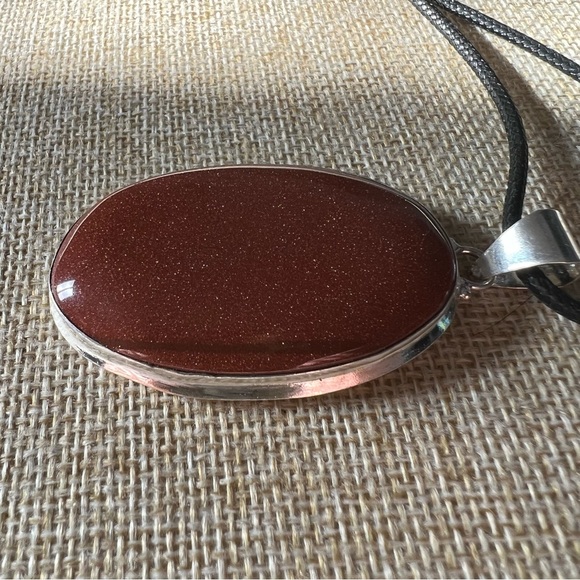 New Sandstone Goldstone Oval Silver Overlay Pendant Necklace w Cord - Picture 2 of 9